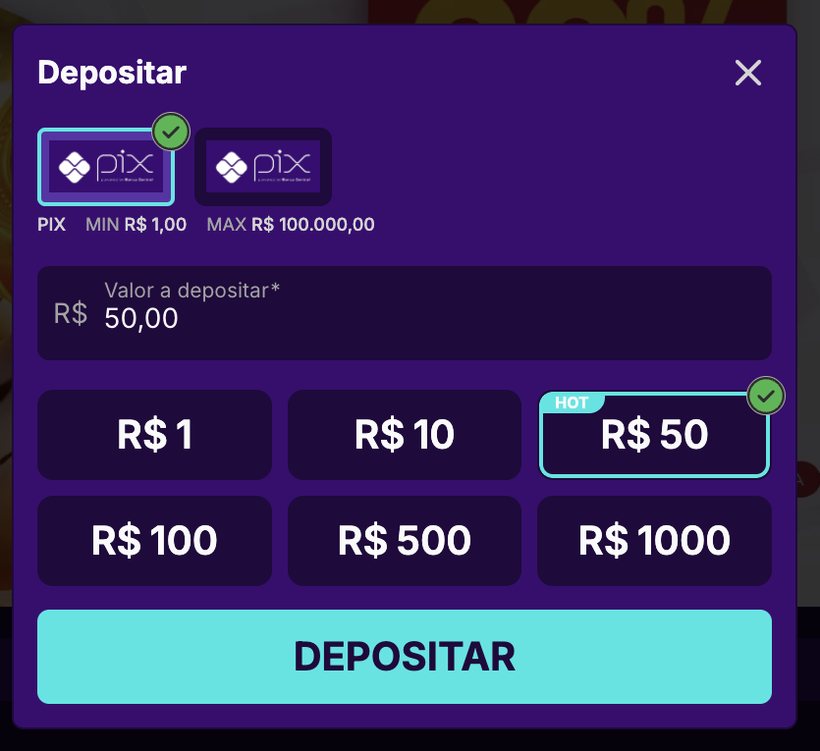 Caixa de depósito da Bingoplus: Pix com mínimo de R$ 1,00, máximo de R$ 100.000,00 e valores prontos