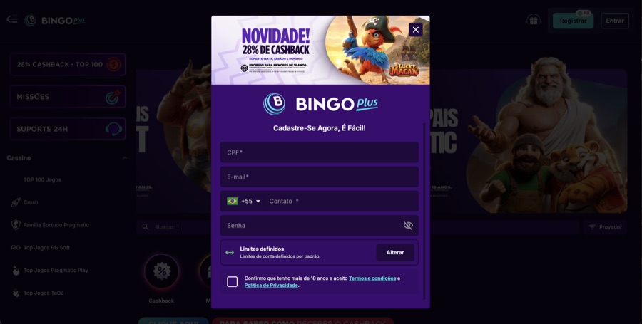 Tela de cadastro da Bingoplus: campos CPF, e-mail, contato e senha, com o bloco Limites definidos