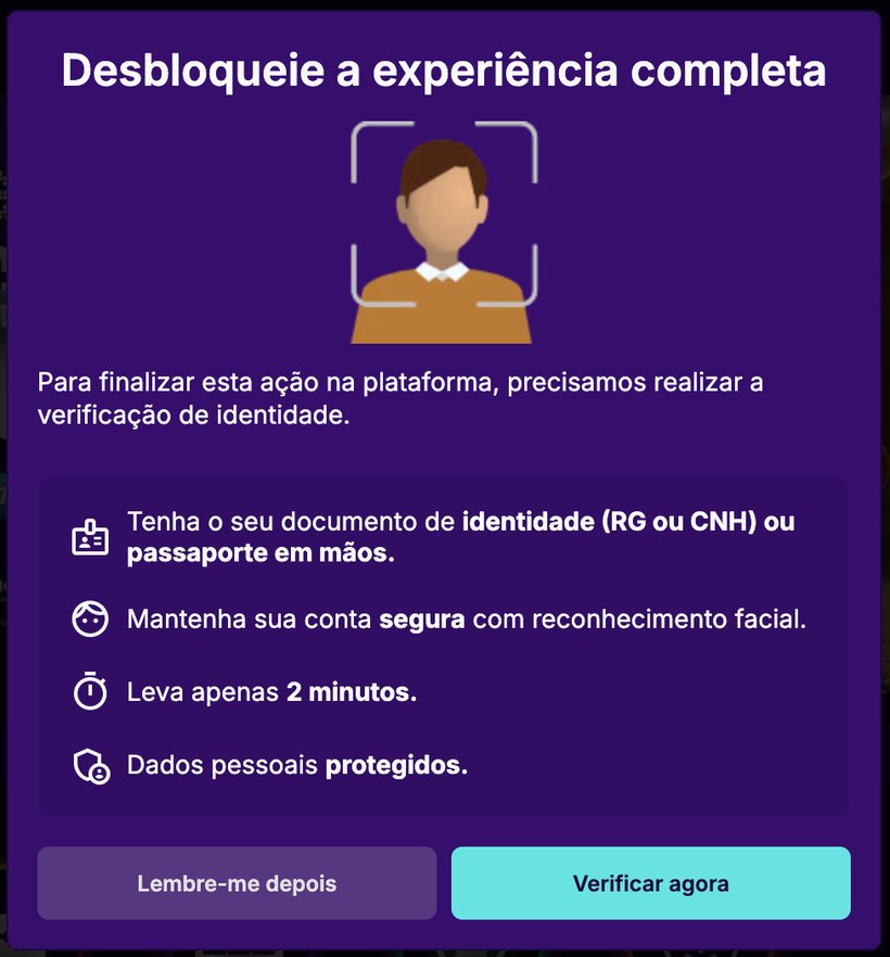 Aviso da Bingoplus pedindo verificação de identidade com RG, CNH ou passaporte e reconhecimento facial
